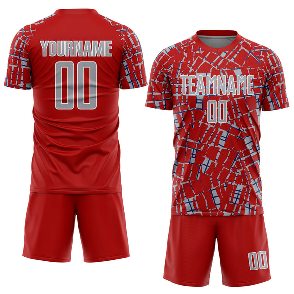 Custom Red Gray White-Blue Abstract Line Sports Sublimation Soccer Uniform Jersey