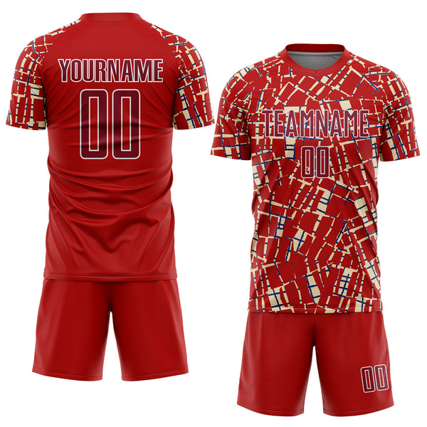 Custom Red Crimson Cream White-Blue Abstract Line Sports Sublimation Soccer Uniform Jersey
