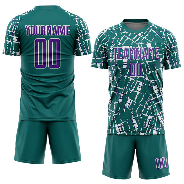 Custom Teal Purple-White Abstract Line Sports Sublimation Soccer Uniform Jersey
