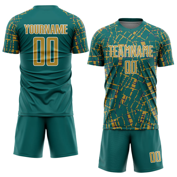 Custom Teal Old Gold-White Abstract Line Sports Sublimation Soccer Uniform Jersey
