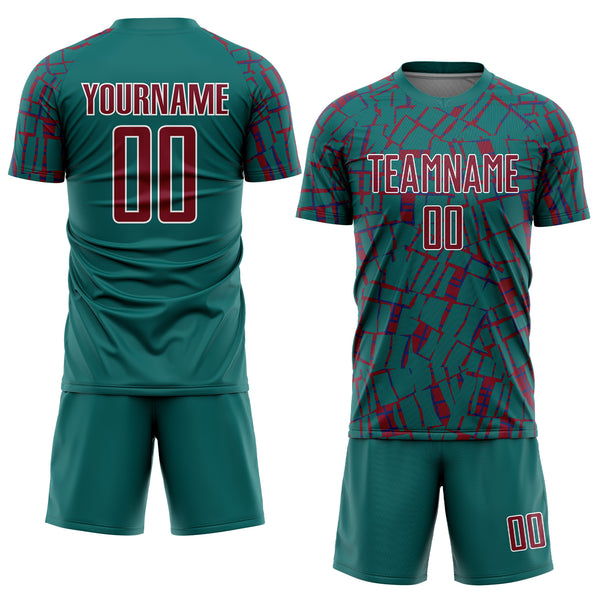 Custom Teal Crimson-White Abstract Line Sports Sublimation Soccer Uniform Jersey