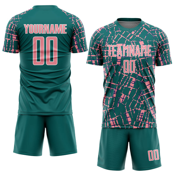 Custom Teal Medium Pink-White Abstract Line Sports Sublimation Soccer Uniform Jersey