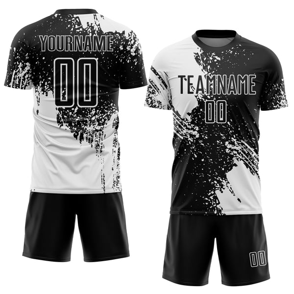 Custom Black White Abstract Brush Stroke Sports Sublimation Soccer Uniform Jersey
