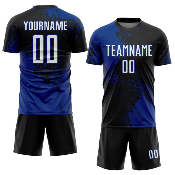 Custom Black White-Royal Abstract Brush Stroke Sports Sublimation Soccer Uniform Jersey