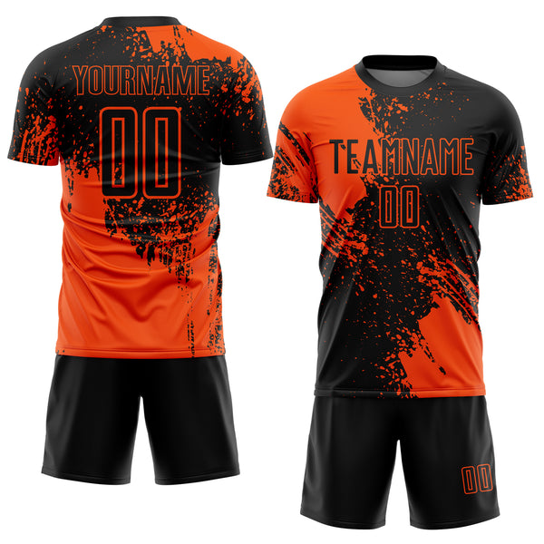 Custom Black Orange Abstract Brush Stroke Sports Sublimation Soccer Uniform Jersey