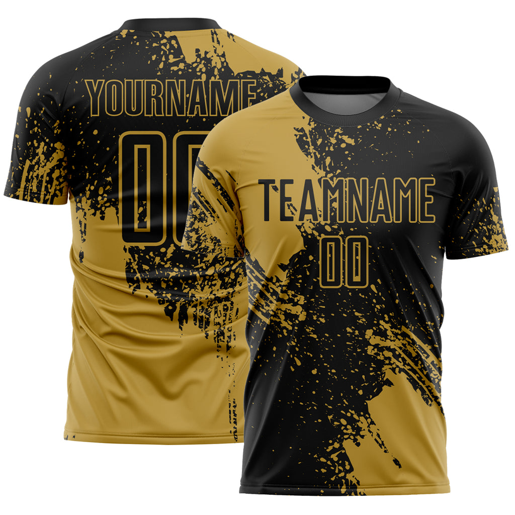 Custom Black Old Gold Abstract Brush Stroke Sports Sublimation Soccer Uniform Jersey