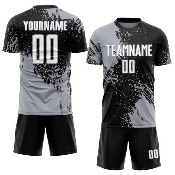 Custom Black White-Gray Abstract Brush Stroke Sports Sublimation Soccer Uniform Jersey