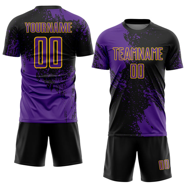 Custom Black Purple-Yellow Abstract Brush Stroke Sports Sublimation Soccer Uniform Jersey