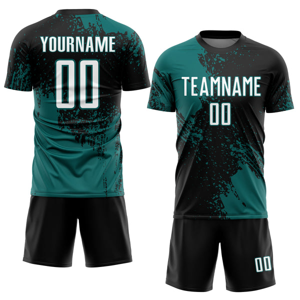 Custom Black White-Teal Abstract Brush Stroke Sports Sublimation Soccer Uniform Jersey