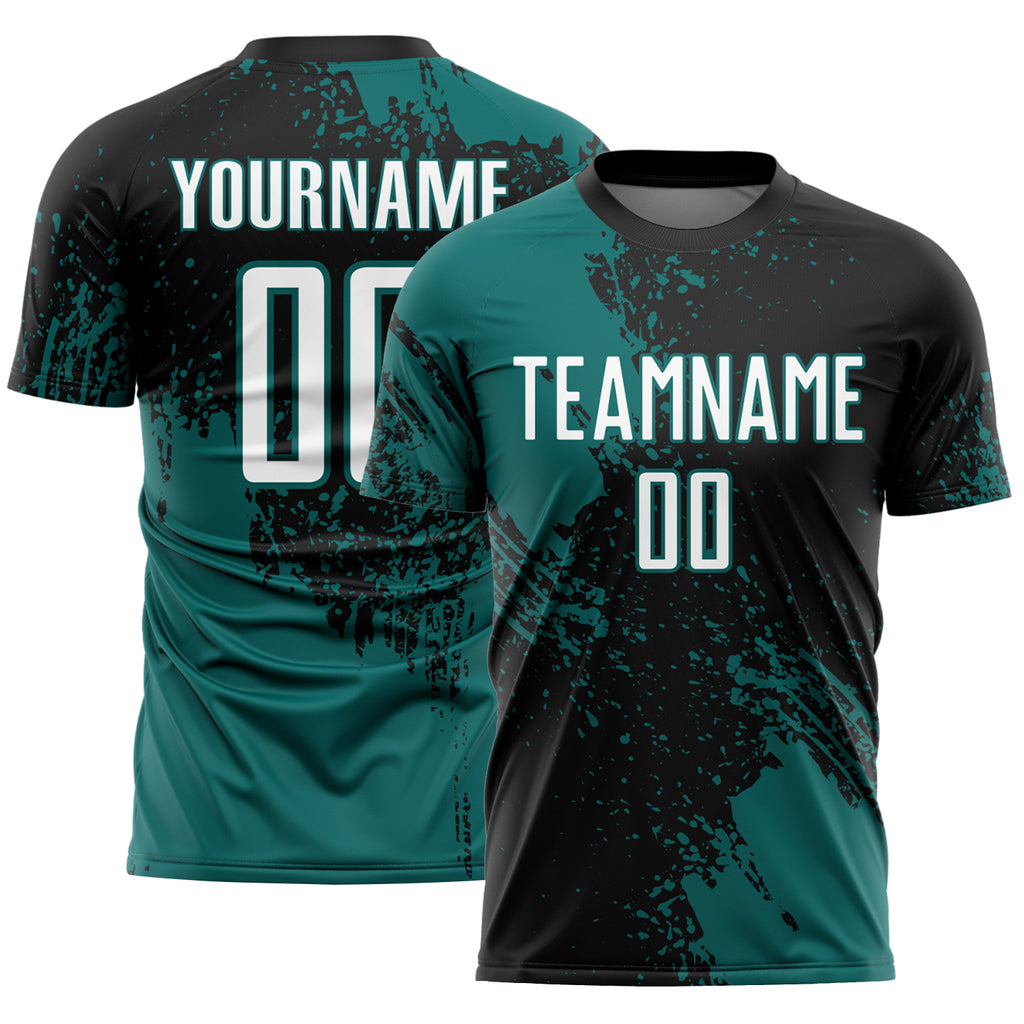 Custom Black White-Teal Abstract Brush Stroke Sports Sublimation Soccer Uniform Jersey