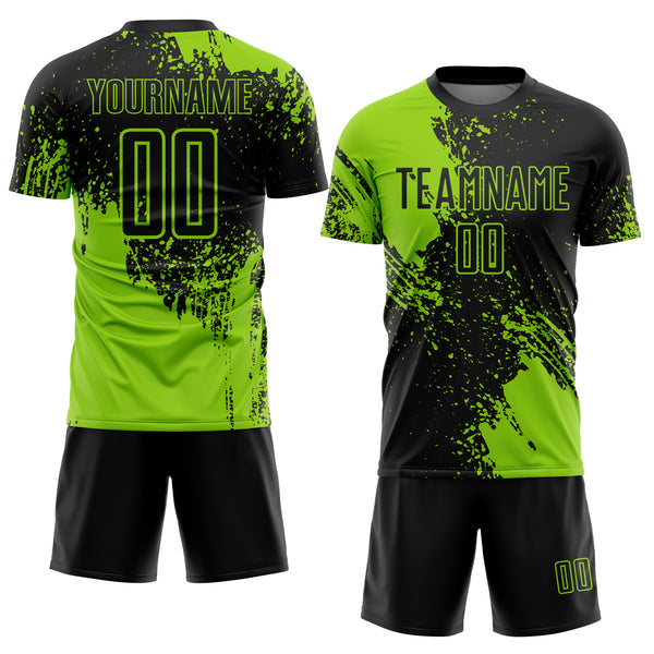Custom Black Neon Green Abstract Brush Stroke Sports Sublimation Soccer Uniform Jersey