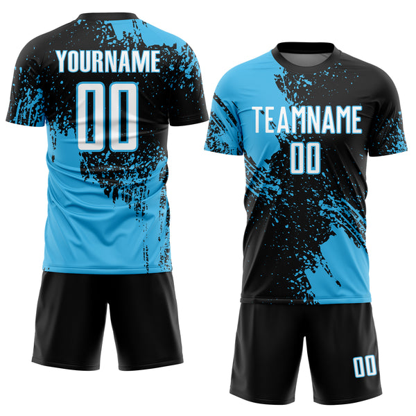 Custom Black White-Sky Blue Abstract Brush Stroke Sports Sublimation Soccer Uniform Jersey