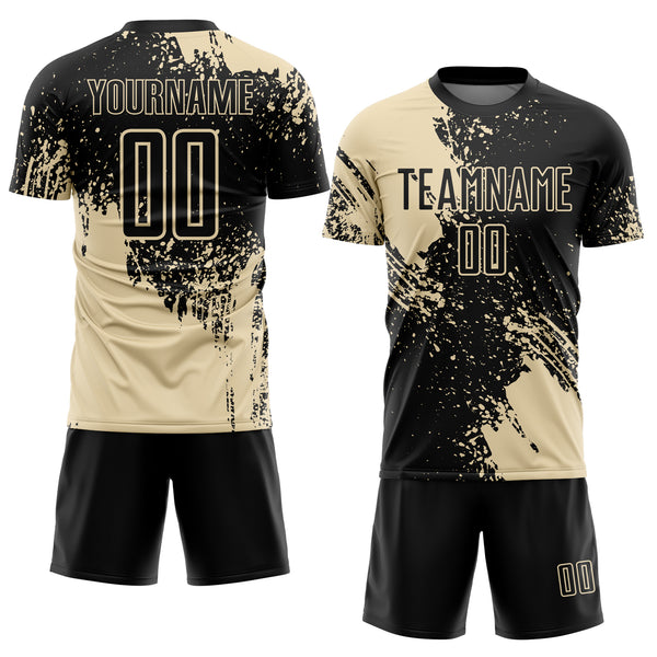 Custom Black Cream Abstract Brush Stroke Sports Sublimation Soccer Uniform Jersey