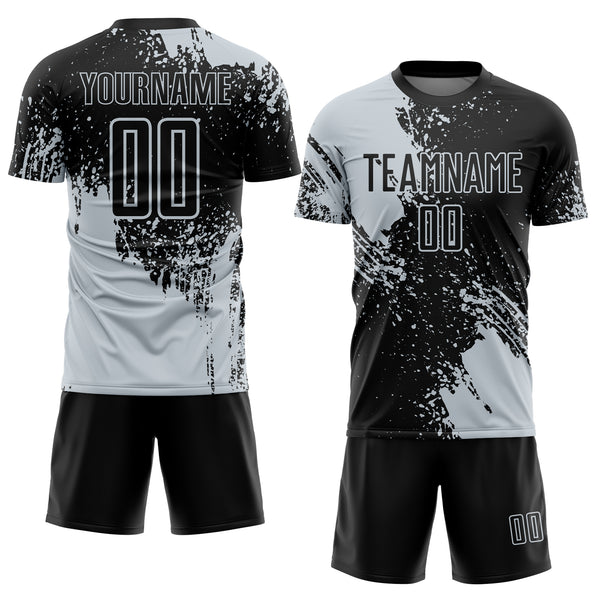 Custom Black Silver Abstract Brush Stroke Sports Sublimation Soccer Uniform Jersey