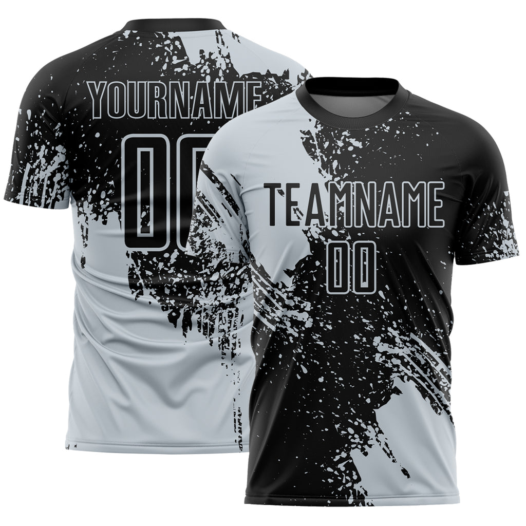 Custom Black Silver Abstract Brush Stroke Sports Sublimation Soccer Uniform Jersey