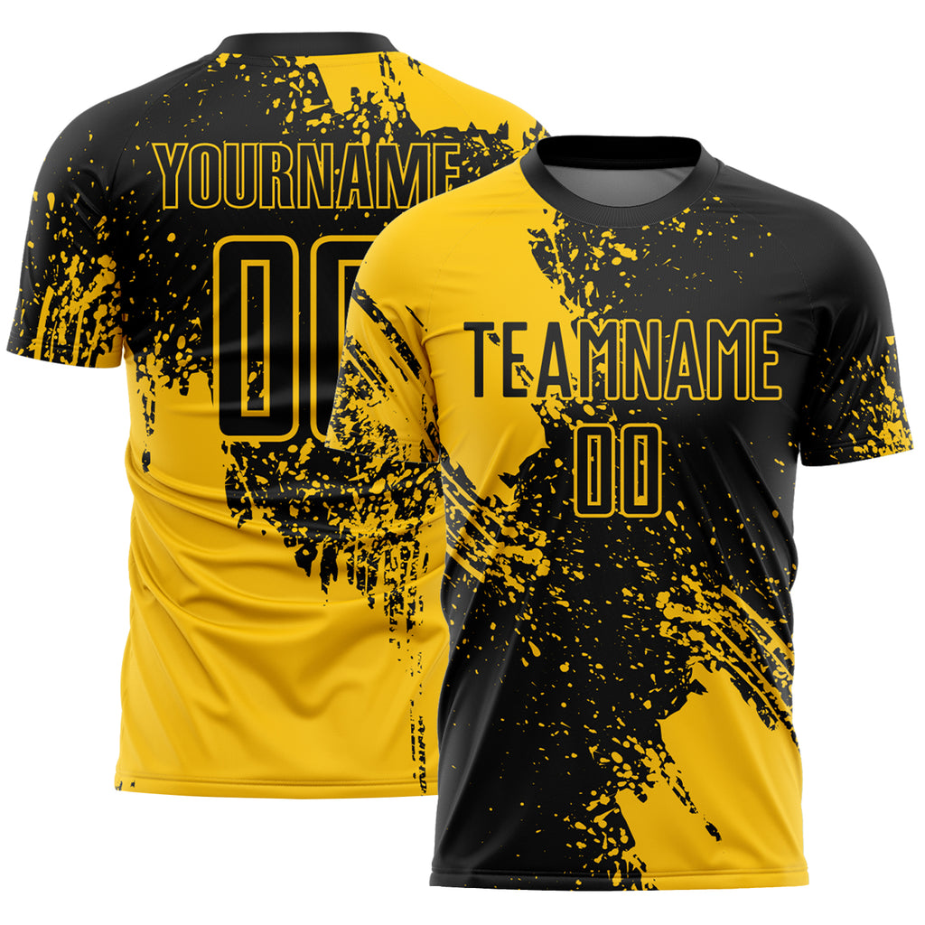 Custom Black Yellow Abstract Brush Stroke Sports Sublimation Soccer Uniform Jersey