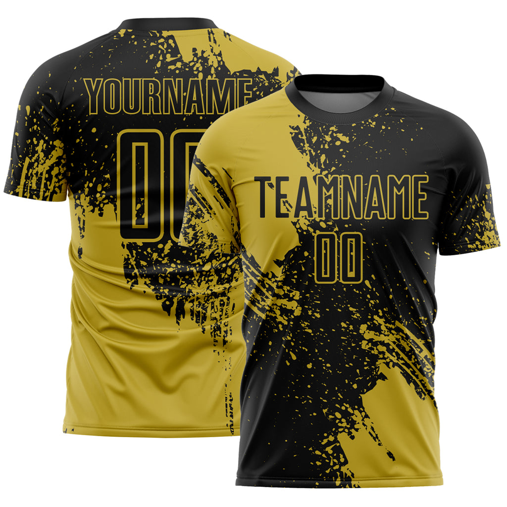 Custom Black Old Gold Abstract Brush Stroke Sports Sublimation Soccer Uniform Jersey