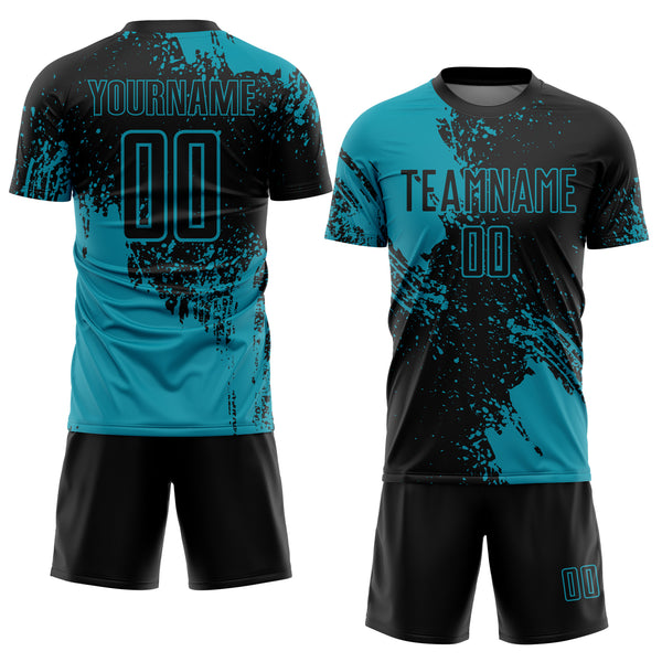Custom Black Teal Abstract Brush Stroke Sports Sublimation Soccer Uniform Jersey