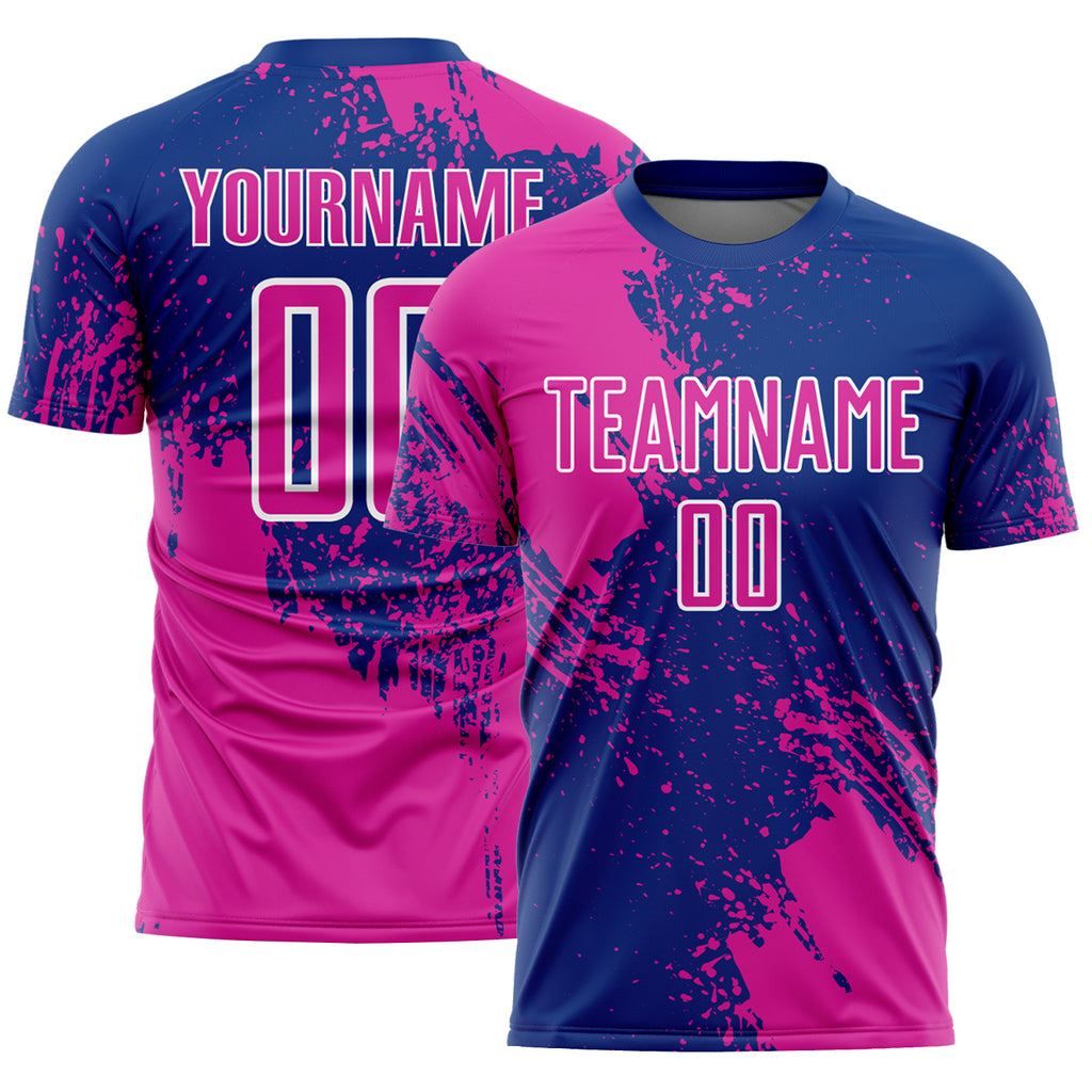 Custom Royal Deep Pink-White Abstract Brush Stroke Sports Sublimation Soccer Uniform Jersey