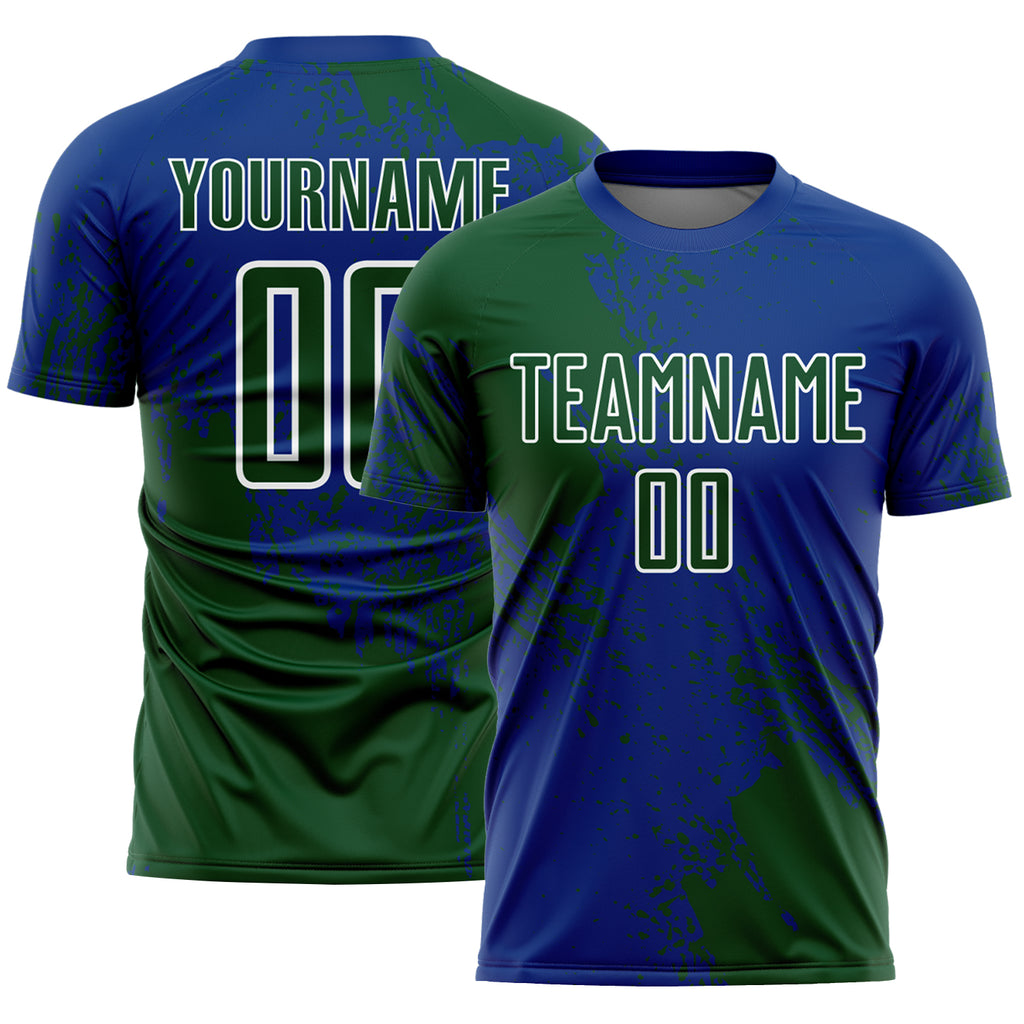 Custom Royal Green-White Abstract Brush Stroke Sports Sublimation Soccer Uniform Jersey