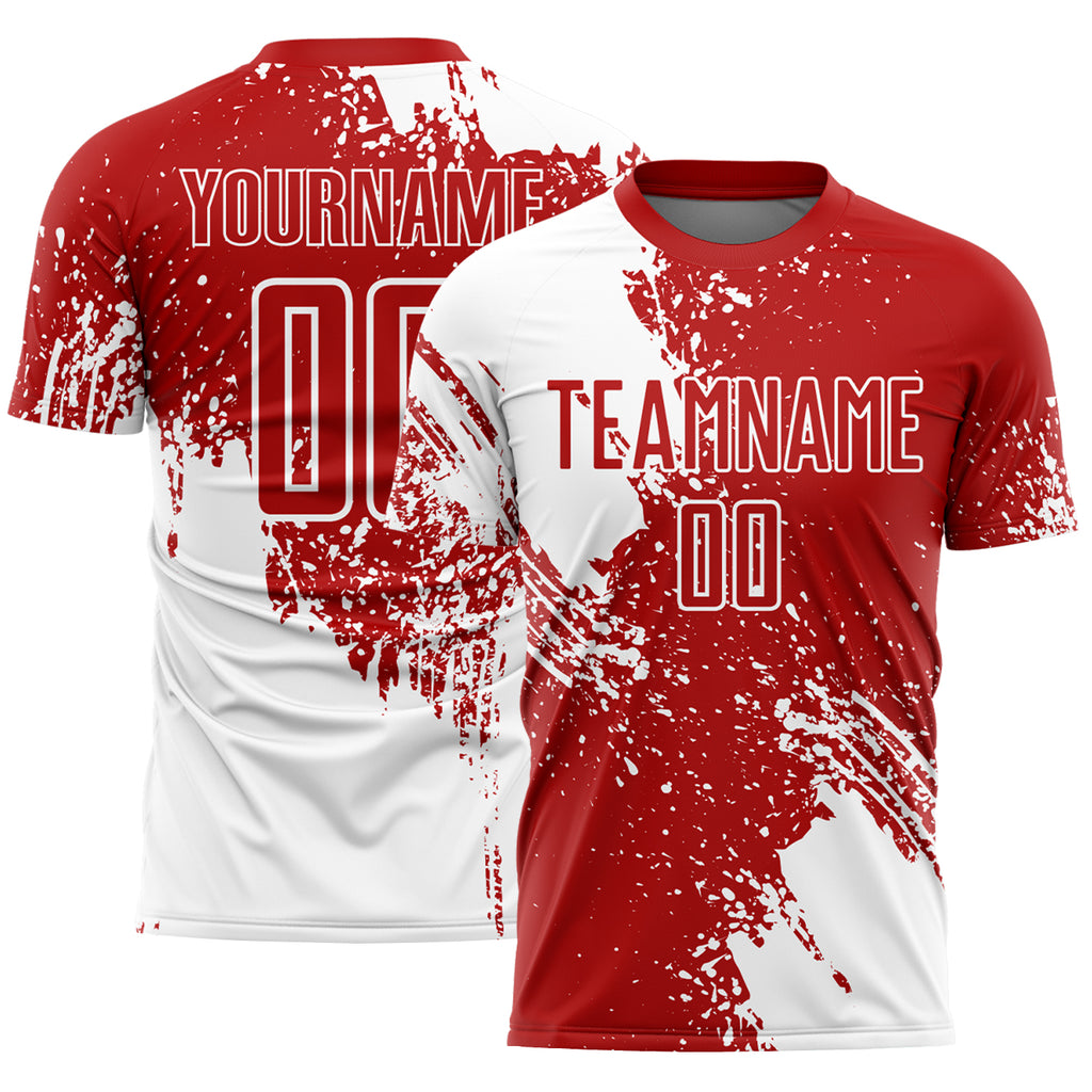 Custom Red White Abstract Brush Stroke Sports Sublimation Soccer Uniform Jersey