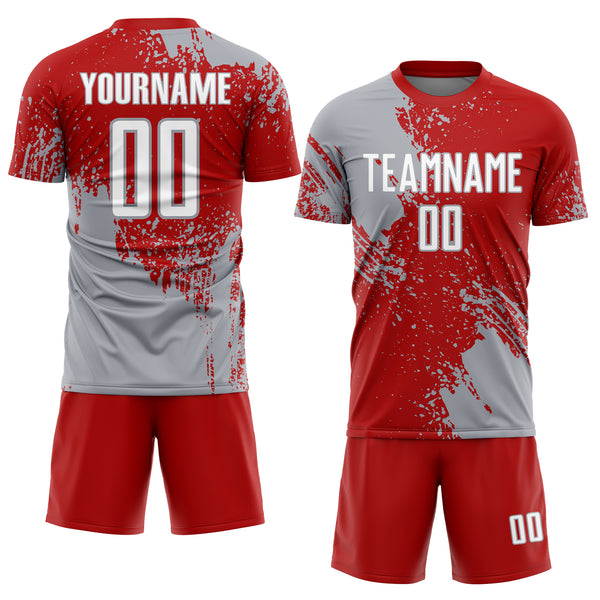 Custom Red White-Gray Abstract Brush Stroke Sports Sublimation Soccer Uniform Jersey
