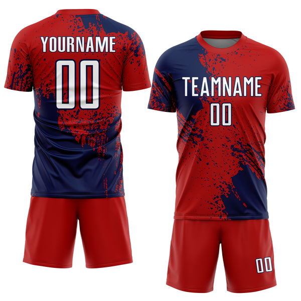 Custom Red White-Navy Abstract Brush Stroke Sports Sublimation Soccer Uniform Jersey
