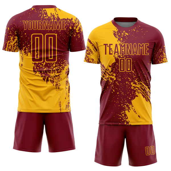 Custom Crimson Gold Abstract Brush Stroke Sports Sublimation Soccer Uniform Jersey