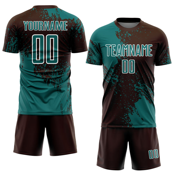 Custom Brown Teal-White Abstract Brush Stroke Sports Sublimation Soccer Uniform Jersey