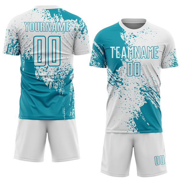 Custom White Teal Abstract Brush Stroke Sports Sublimation Soccer Uniform Jersey