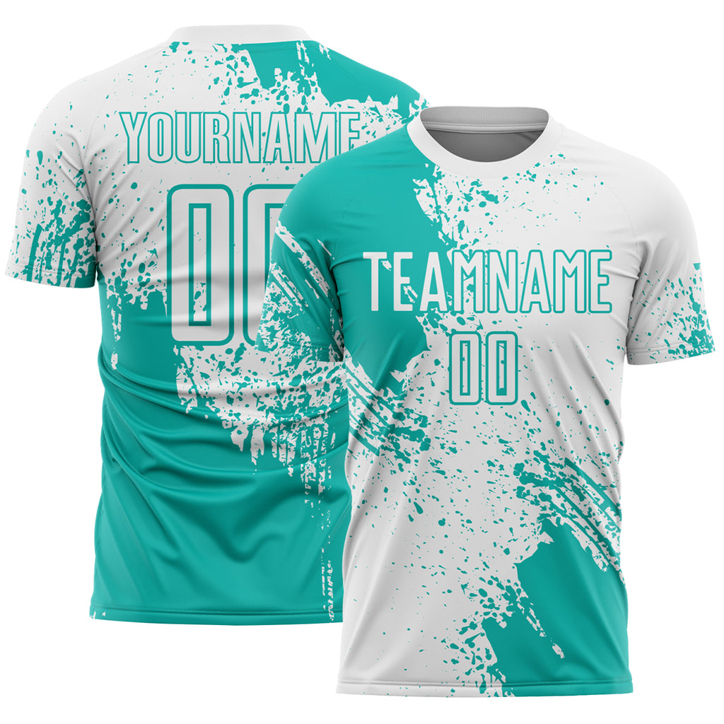Custom White Aqua Abstract Brush Stroke Sports Sublimation Soccer Uniform Jersey