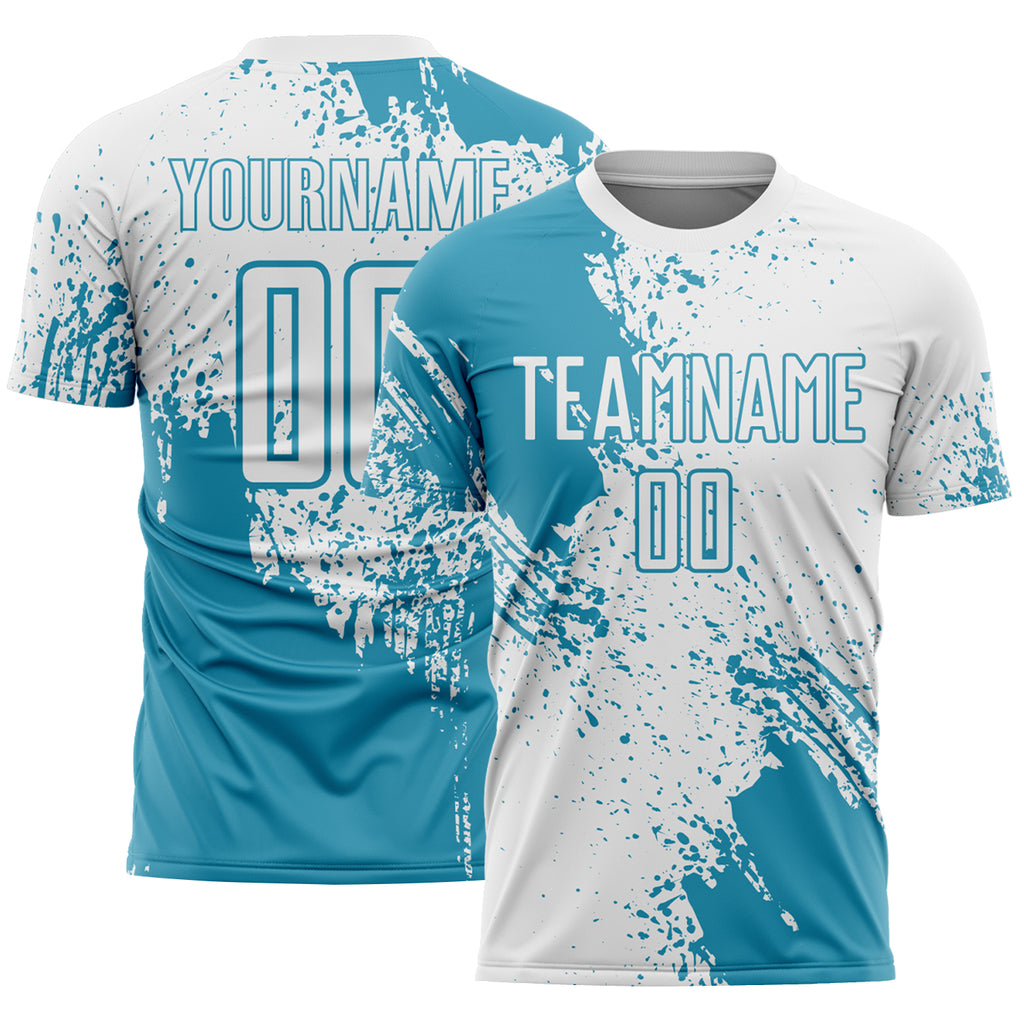 Custom White Panther Blue Abstract Brush Stroke Sports Sublimation Soccer Uniform Jersey