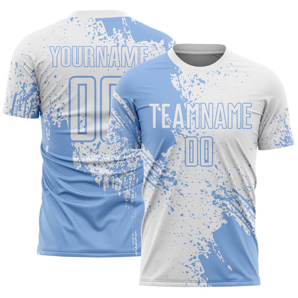 Custom White Light Blue Abstract Brush Stroke Sports Sublimation Soccer Uniform Jersey