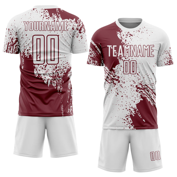 Custom White Burgundy Abstract Brush Stroke Sports Sublimation Soccer Uniform Jersey