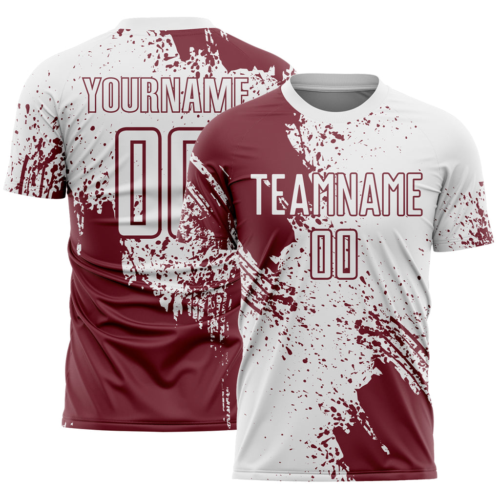 Custom White Burgundy Abstract Brush Stroke Sports Sublimation Soccer Uniform Jersey