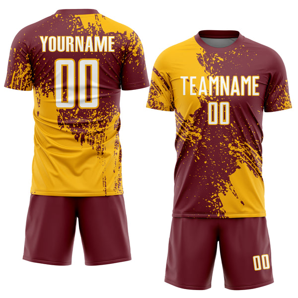 Custom Burgundy White-Gold Abstract Brush Stroke Sports Sublimation Soccer Uniform Jersey