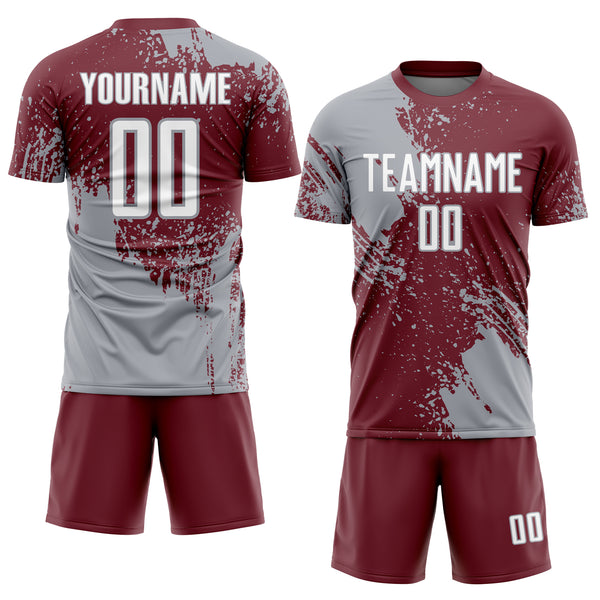 Custom Burgundy White-Gray Abstract Brush Stroke Sports Sublimation Soccer Uniform Jersey