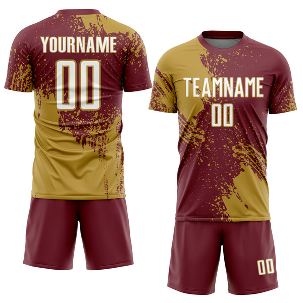 Custom Burgundy White-Old Gold Abstract Brush Stroke Sports Sublimation Soccer Uniform Jersey
