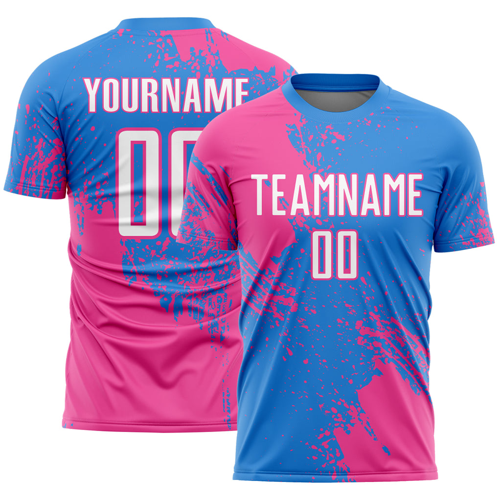 Custom Powder Blue White-Pink Abstract Brush Stroke Sports Sublimation Soccer Uniform Jersey