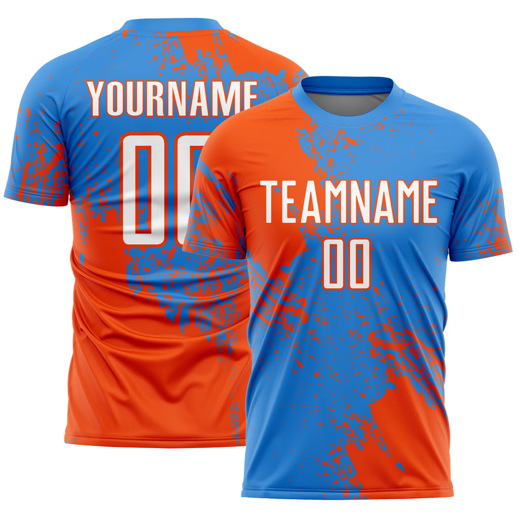 Custom Powder Blue White-Orange Abstract Brush Stroke Sports Sublimation Soccer Uniform Jersey