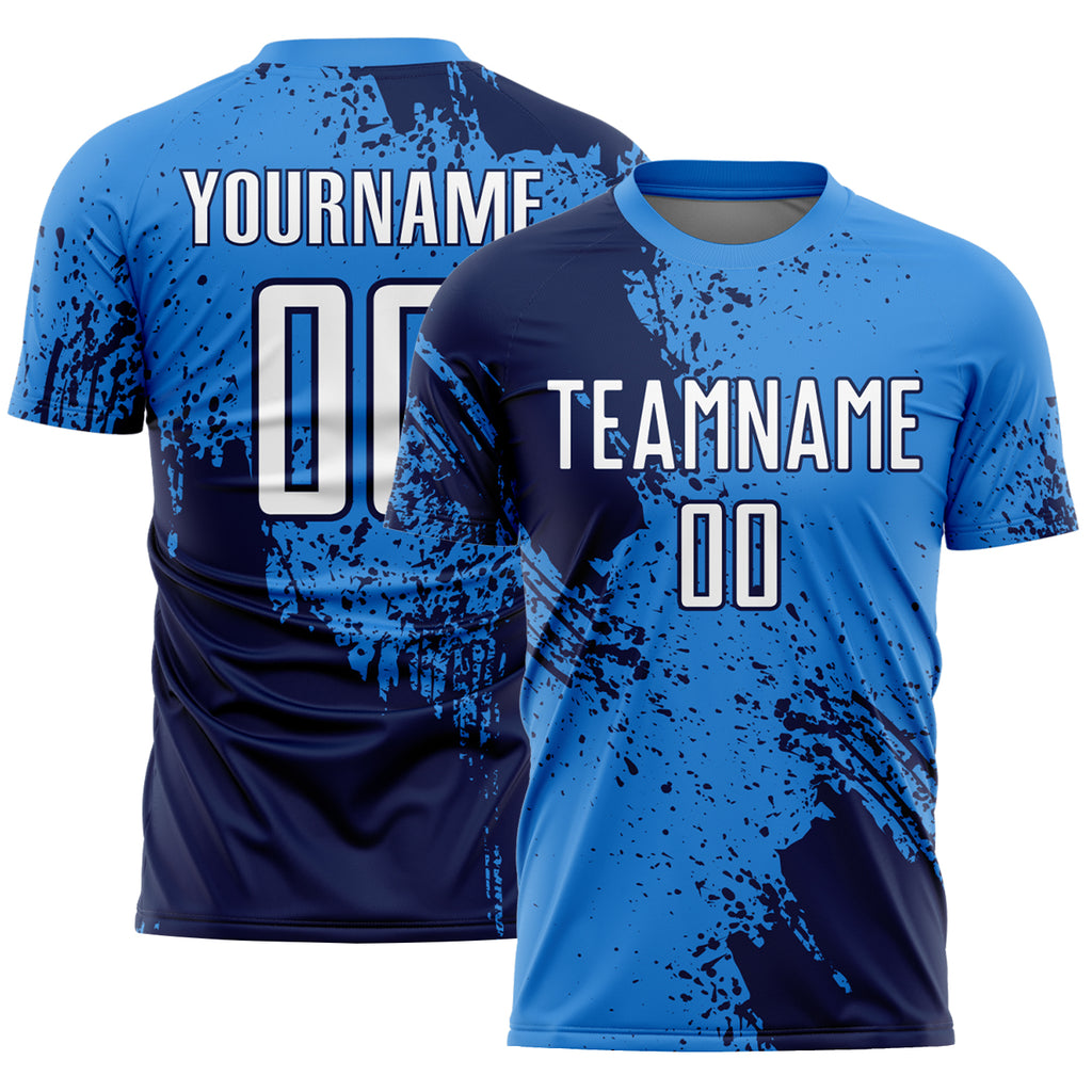 Custom Powder Blue White-Navy Abstract Brush Stroke Sports Sublimation Soccer Uniform Jersey