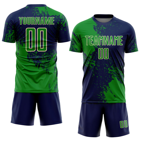 Custom Navy Grass Green-Cream Abstract Brush Stroke Sports Sublimation Soccer Uniform Jersey