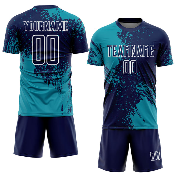 Custom Navy Teal-White Abstract Brush Stroke Sports Sublimation Soccer Uniform Jersey