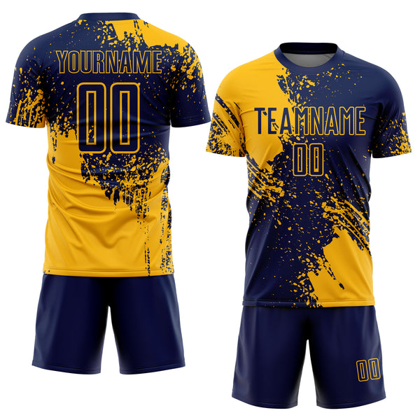 Custom Navy Gold Abstract Brush Stroke Sports Sublimation Soccer Uniform Jersey