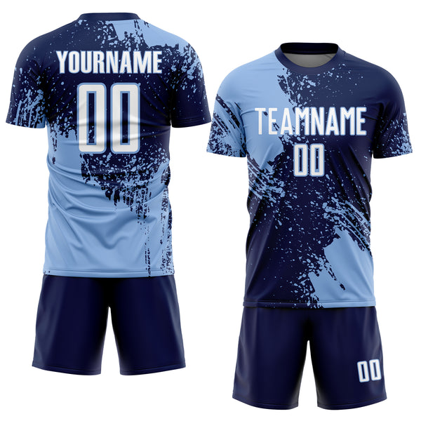 Custom Navy White-Light Blue Abstract Brush Stroke Sports Sublimation Soccer Uniform Jersey