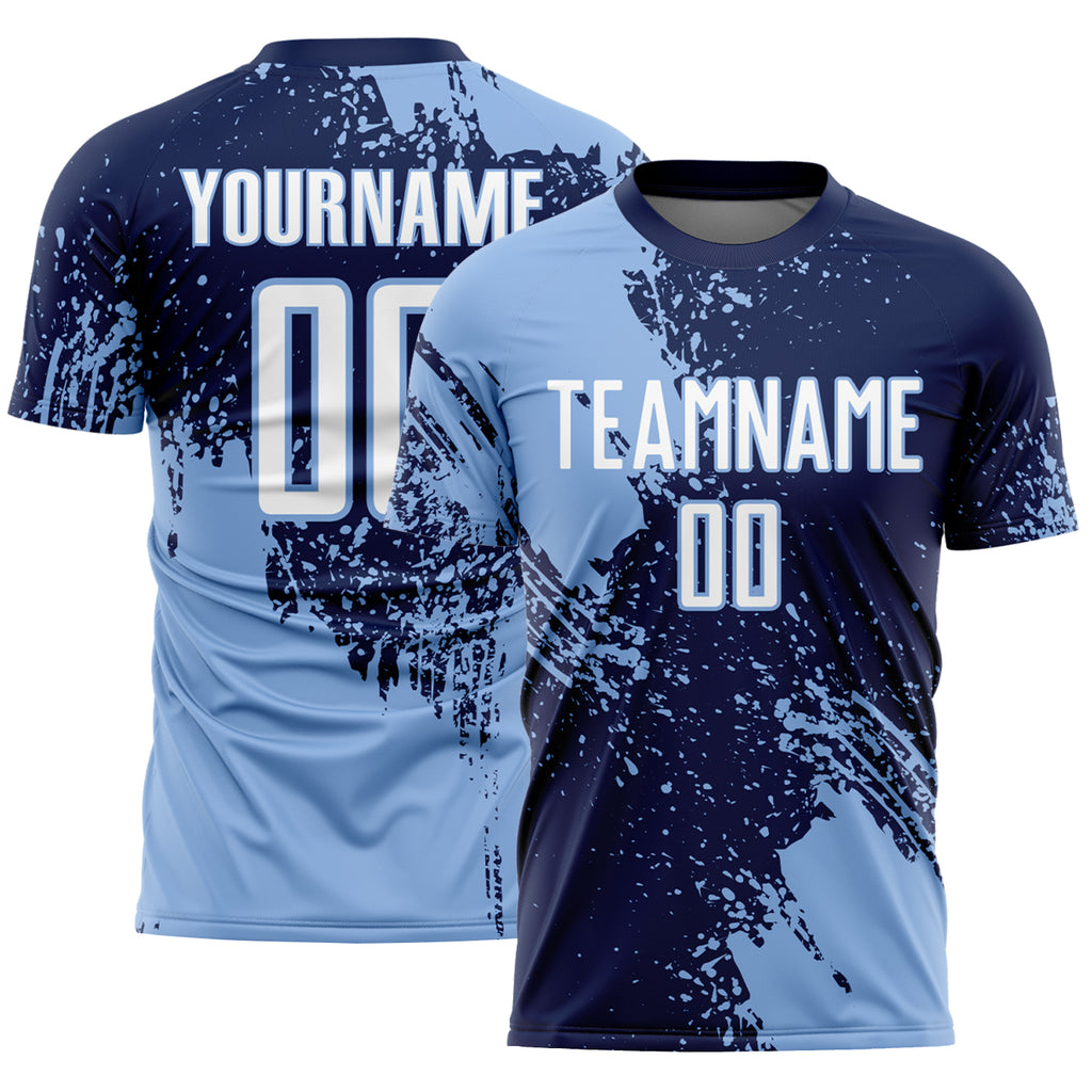 Custom Navy White-Light Blue Abstract Brush Stroke Sports Sublimation Soccer Uniform Jersey