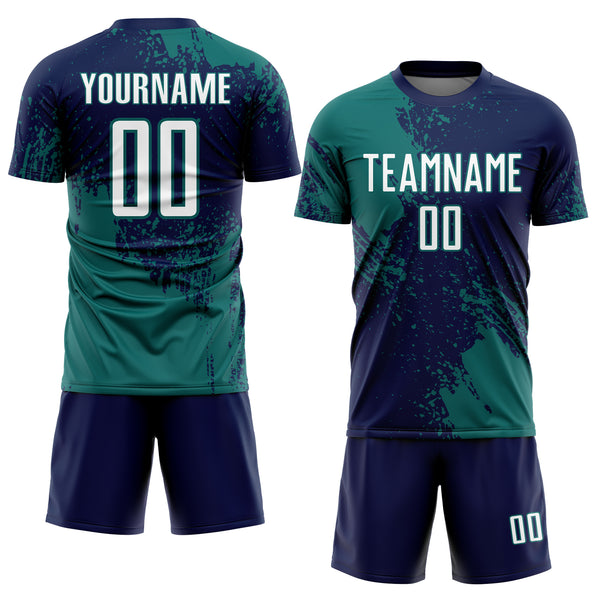 Custom Navy White-Teal Abstract Brush Stroke Sports Sublimation Soccer Uniform Jersey
