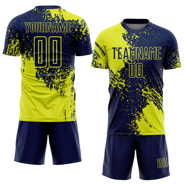 Custom Navy Neon Yellow Abstract Brush Stroke Sports Sublimation Soccer Uniform Jersey