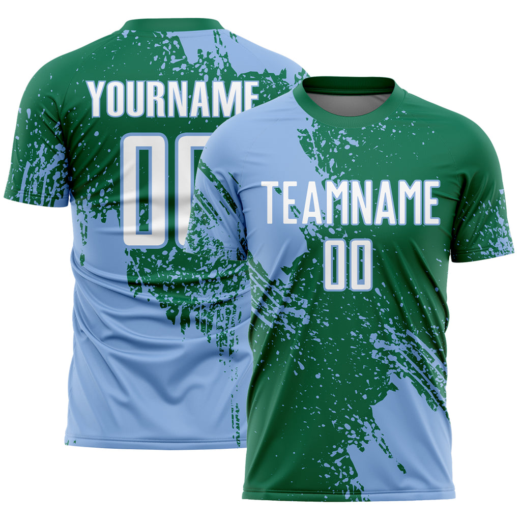 Custom Kelly Green White-Light Blue Abstract Brush Stroke Sports Sublimation Soccer Uniform Jersey