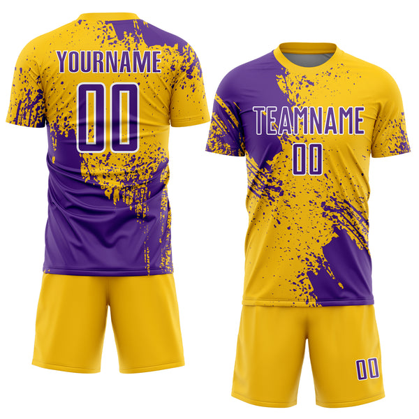 Custom Yellow Purple-White Abstract Brush Stroke Sports Sublimation Soccer Uniform Jersey